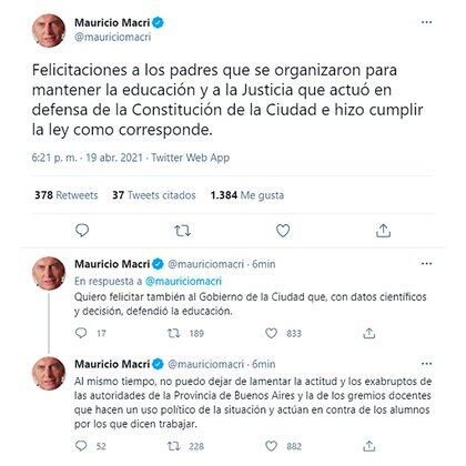 Los mensajes que publicó Mauricio Macri por el mantenimiento de las aulas abiertas en la Ciudad (Twitter)
