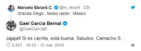 Marcelo Ebrard agradeció y le dio la razón al charolastra, pero no a Gael, sino a su gran amigo Diego Luna (Foto: tomada de Twitter)