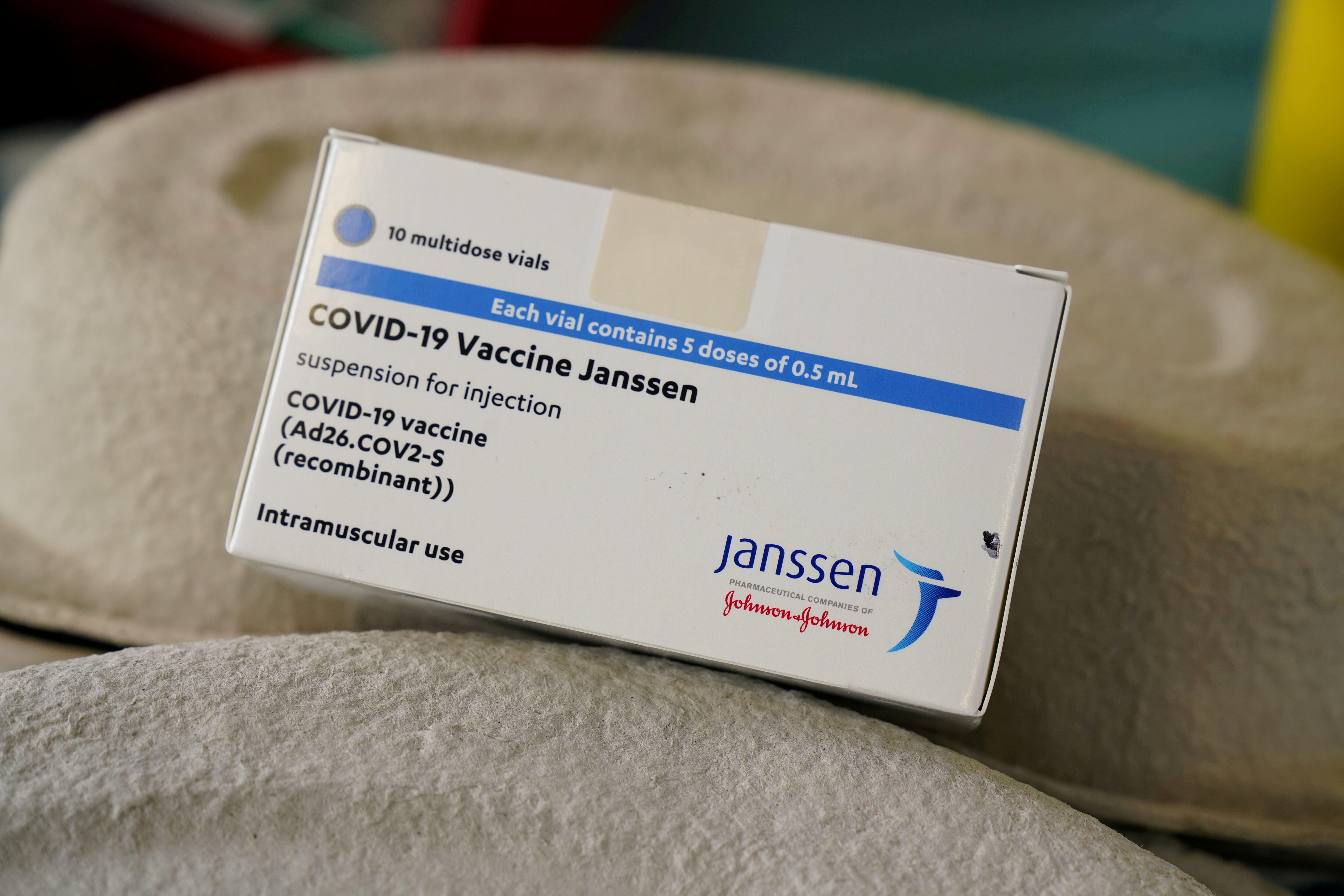 FILE PHOTO: A box of Johnson & Johnson's coronavirus disease (COVID-19) vaccines is seen at the Forem vaccination centre in Pamplona, Spain, April 22, 2021.  REUTERS/Vincent West/File Photo
