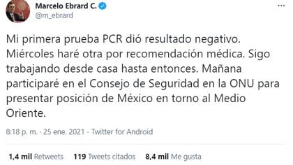 Tweet Marcelo Ebrard anuncia prueba COVID-19
