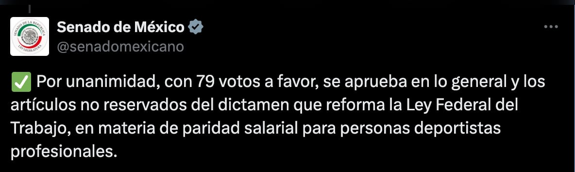Se aprobó la paridad salarial para personas deportistas en México (X/@senadomexicano)