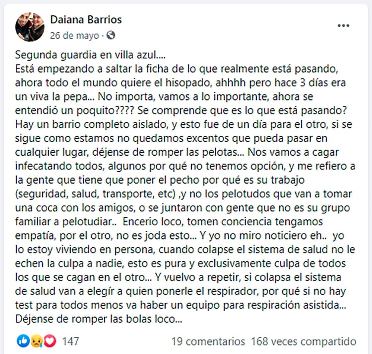 El posteo de Barrios en su perfil de Facebook