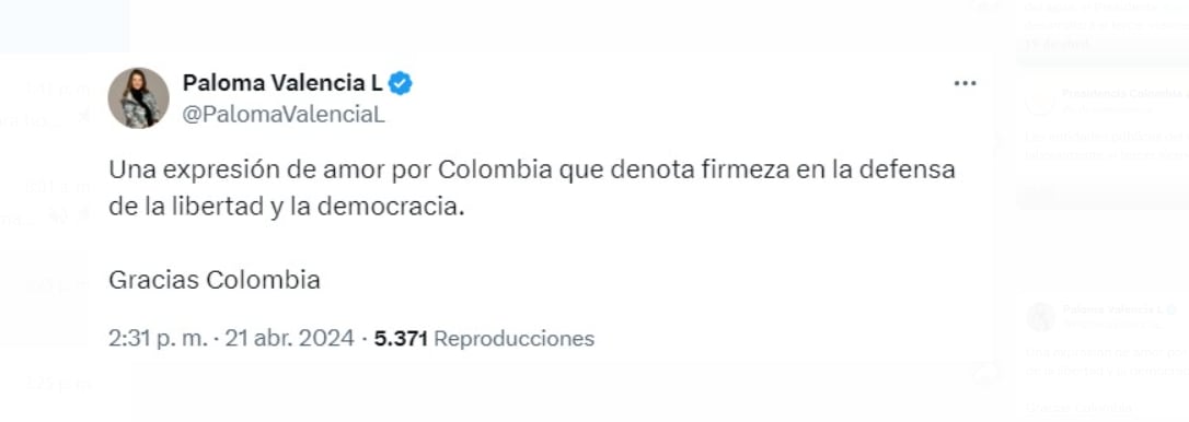 La senadora Paloma Valencia agradeció a los colombianos por las manifestaciones contra el presidente Petro - crédito @PalomaValenciaL/X