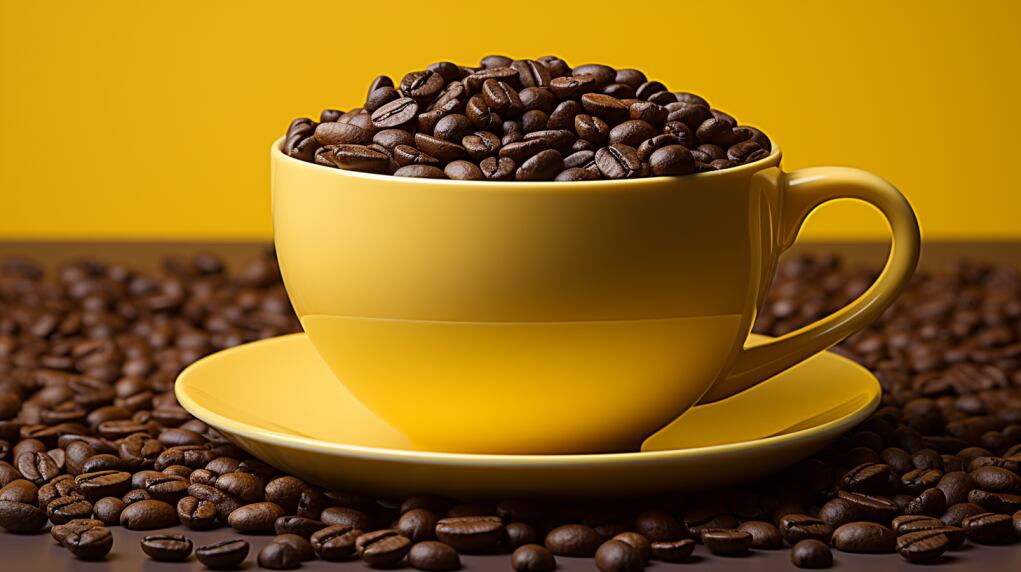 Vista aérea de una taza de café rodeada de granos de café dispersos sobre un fondo simple de color vibrante y saturado. La foto captura la esencia del café, con su aroma, sabor y simple belleza. (Imagen ilustrativa Infobae)