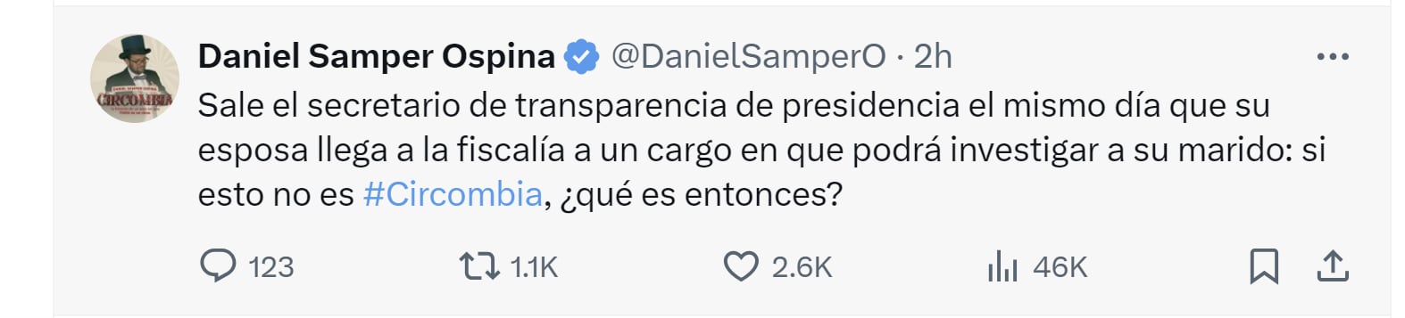 Daniel Samper Ospina cuestionó nombramiento de la esposa de Andrés Idárraga en la Fiscalía - crédito @DanielSamperO/X