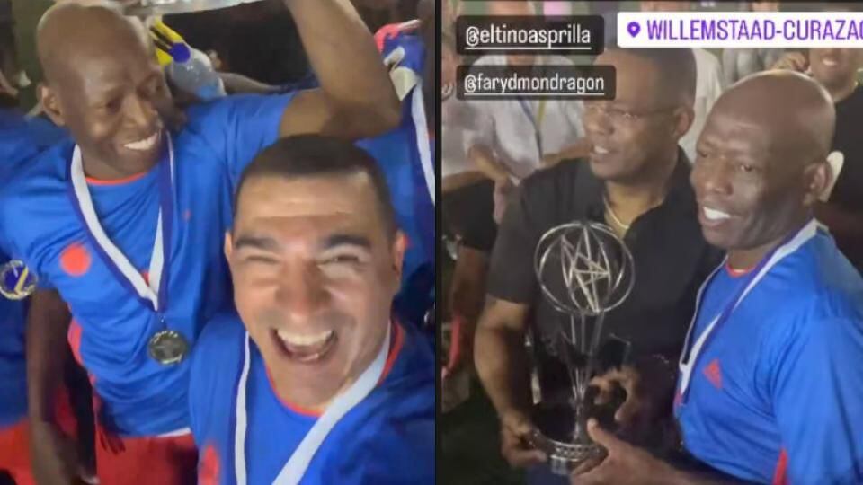 El 'Tino' y Victor Hugo Aristizabal celebran la obtención del Torneo de Fútbol Leyendas celebrado en Curazao (@aristigol09/Instagram)
