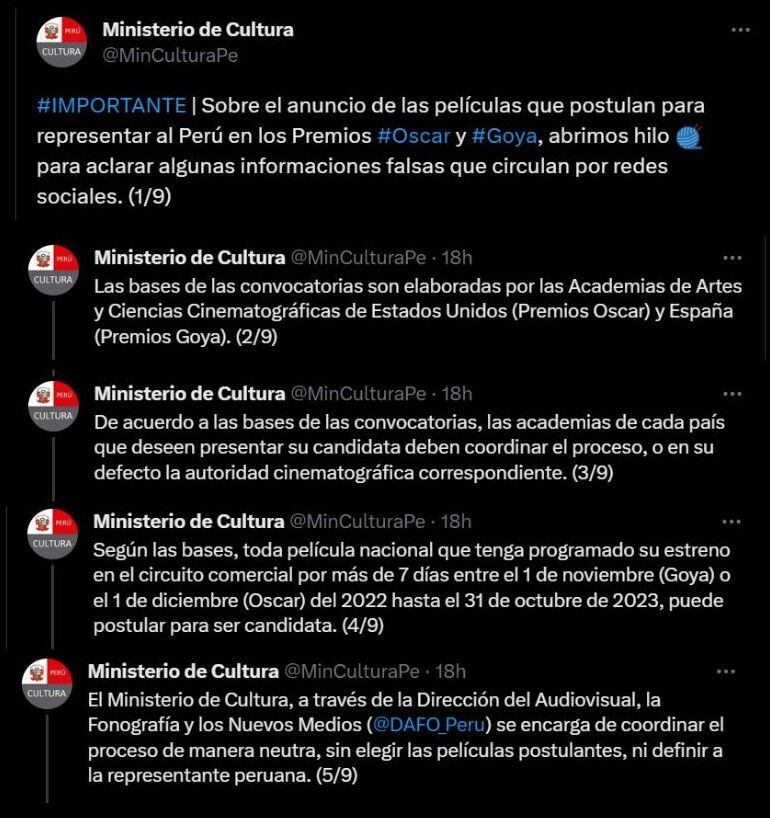 Pronunciamiento del Ministerio de Cultura. (Twitter/@MinCulturaPe)