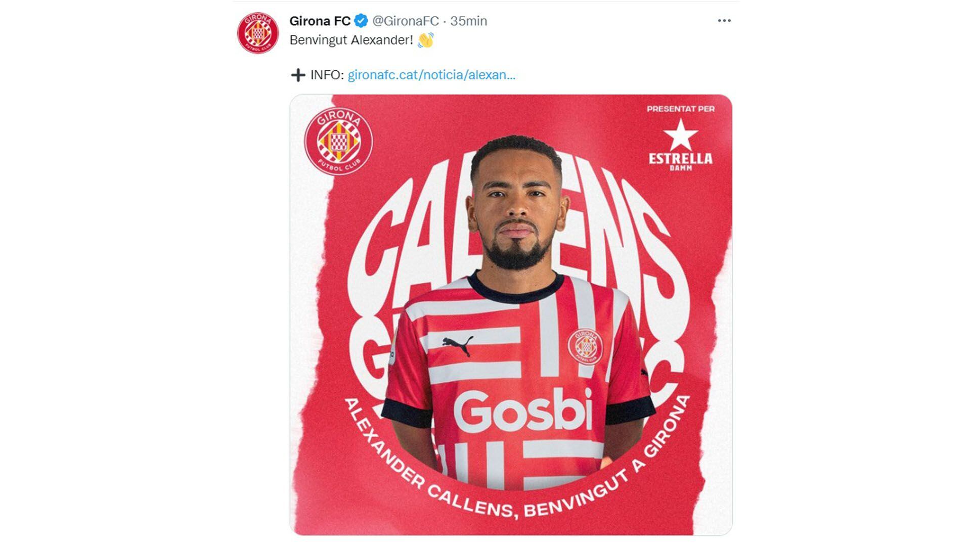Girona FC y el anuncio del fichaje de Alexander Callens en redes sociales.