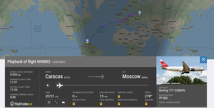 El avión despegó por la tarde del miércoles y arribó el jueves a Moscú (Flight Radar 24)