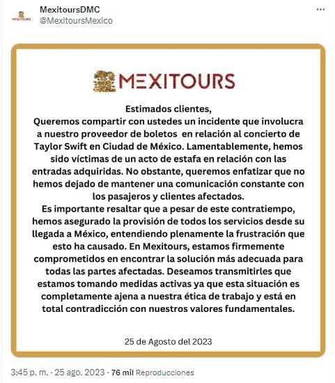 La empresa se dijo víctima de una "estafa". Foto:  @MexitoursMexico