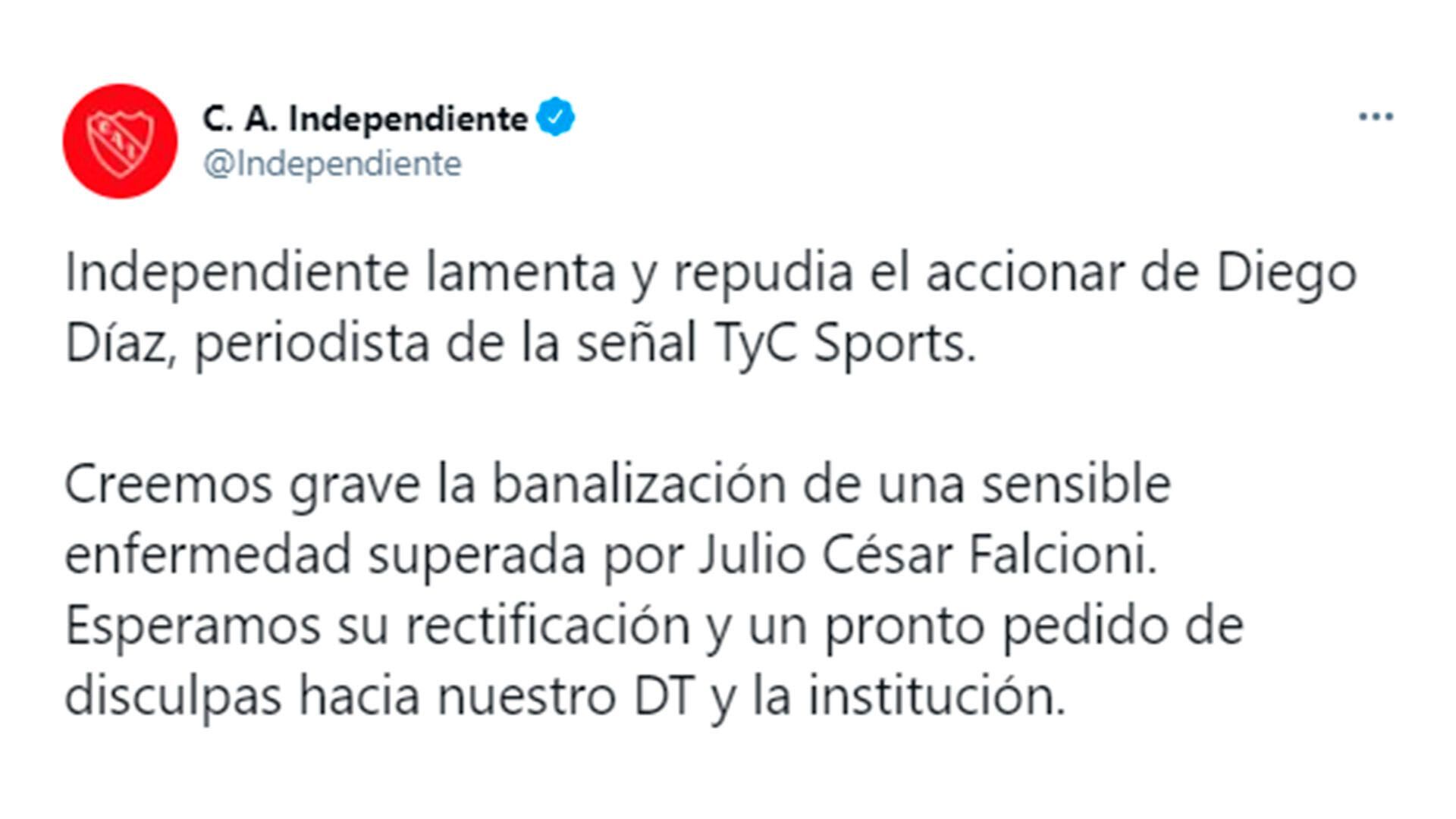 Comunicado de Independiente: repudio a Diego Díaz