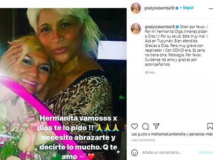 El posteo de Instagram de Gladys La Bomba Tucumana en el que actualizó el estado de salud de su hermana Olga Jiménez: 