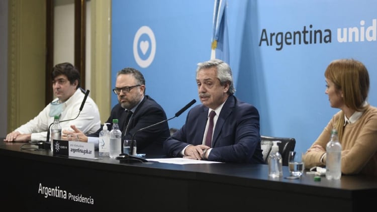 Alberto Fernández, Matías Kulfas, Gabriel Delgado y Anabel Fernández Sagasti, en la conferencia de prensa del pasado lunes