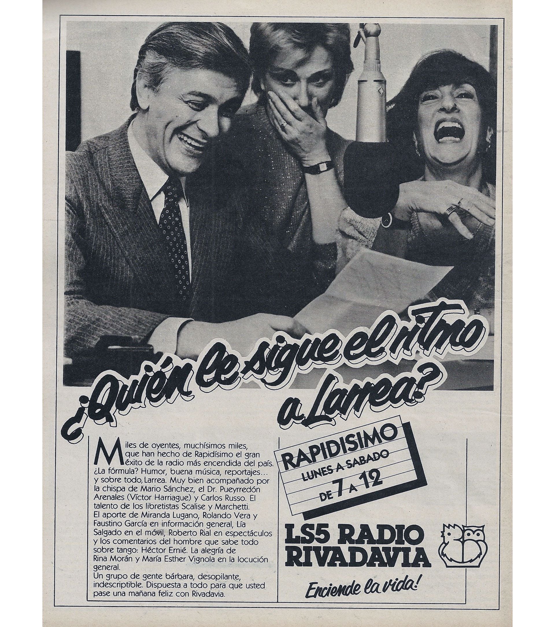 Una publicidad de Rapidísimo, de Héctor Larrea, destacando el ritmo del locutor