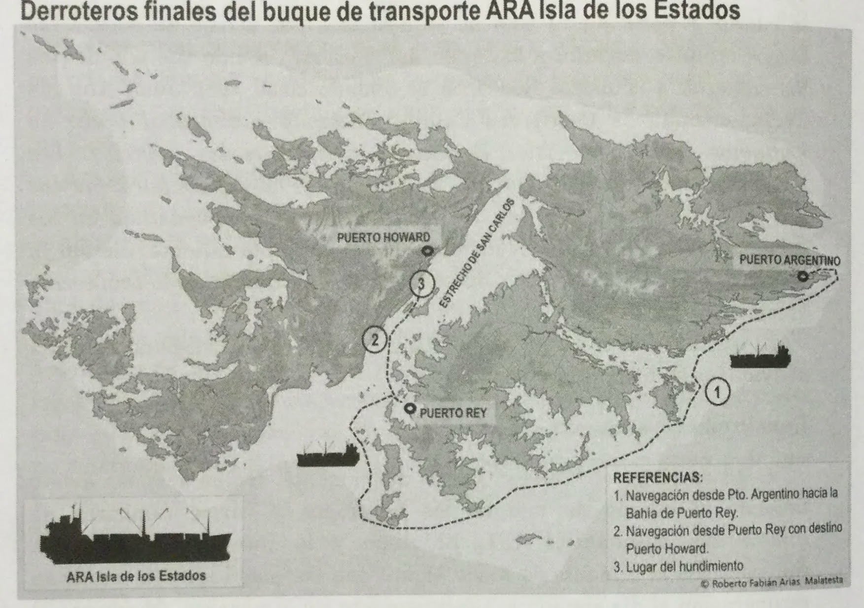 La guarnición argentina que estaba en la isla Gran Malvina, del otro lado del estrecho, necesitaba desesperadamente de víveres y de armamento de defensa. El Isla de los Estados había ido a su auxilio (Gráfico publicado en el libro Malvinas. Puerto Yapeyú 1982, de Roberto Fabián Arias Malatesta)