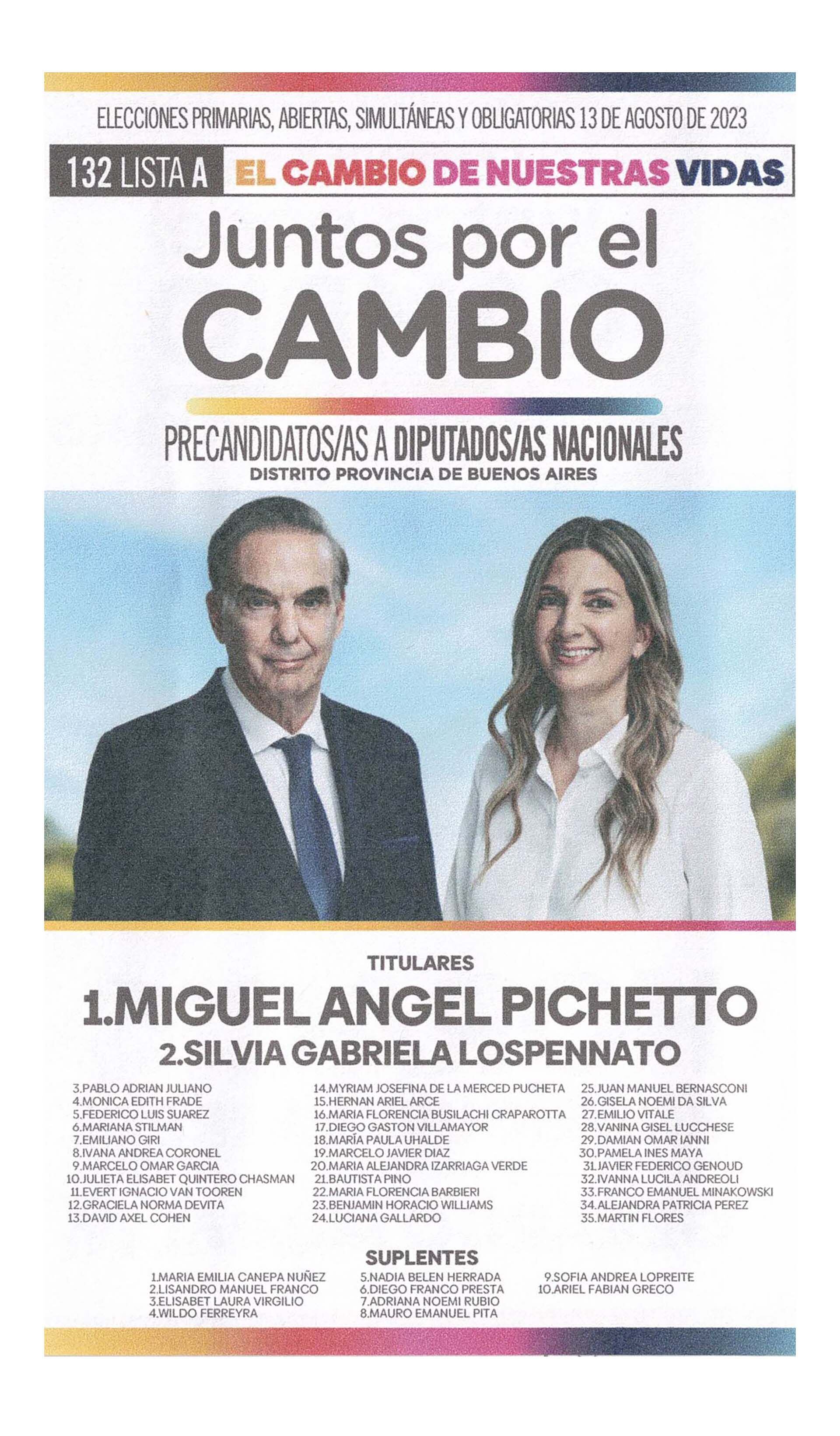 La boleta oficial de Miguel Ángel Pichetto de precandidatos a diputados nacionales en Buenos Aires