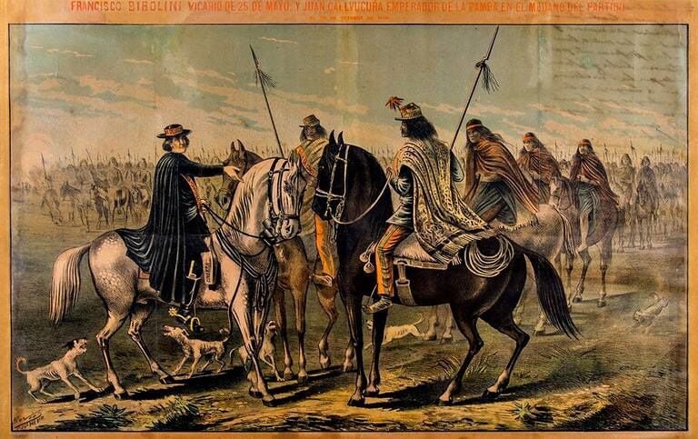 Calfucurá se transformó en el señor de las pampas. En esta vieja ilustración, se lo ve con el Padre Francisco Bibolini parlamentando para evitar un saqueo, por 1859 (Museo Roca)