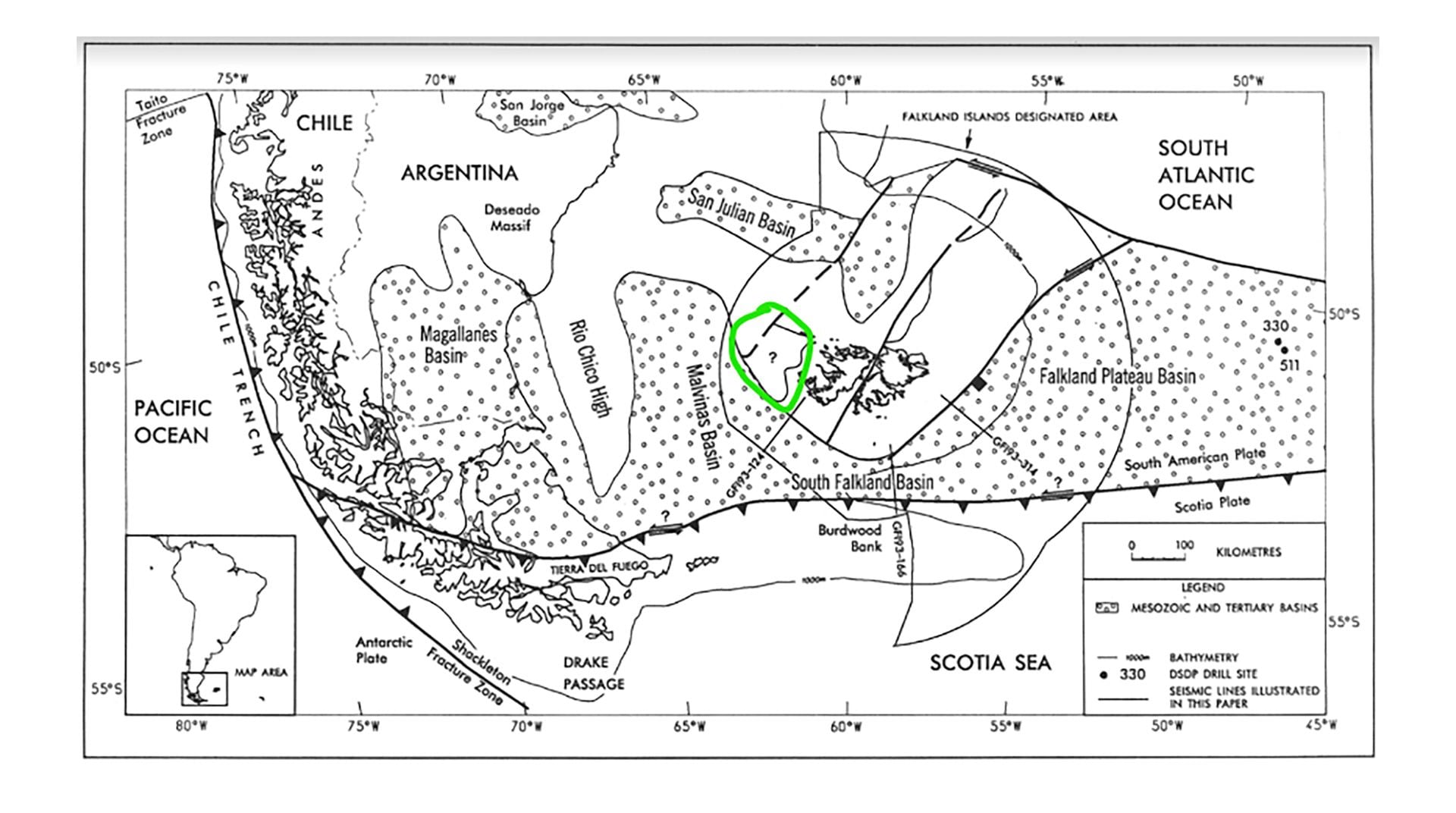 El mapa incluido en un paper inglés de 1995. Ubica un signo de interrogación en la zona anómala cercana a Malvinas