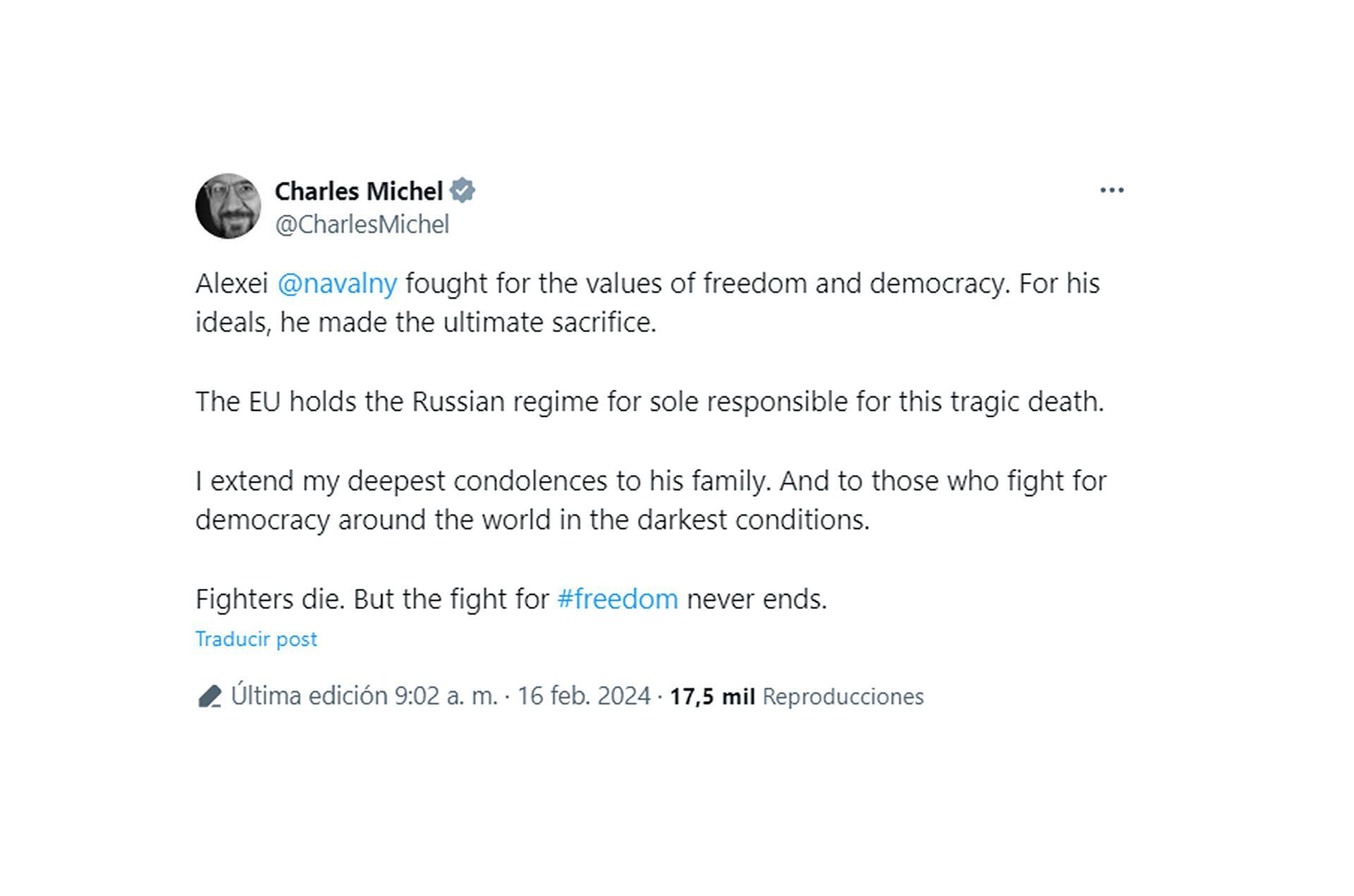 Charles Michel tuit muerte de Navalny