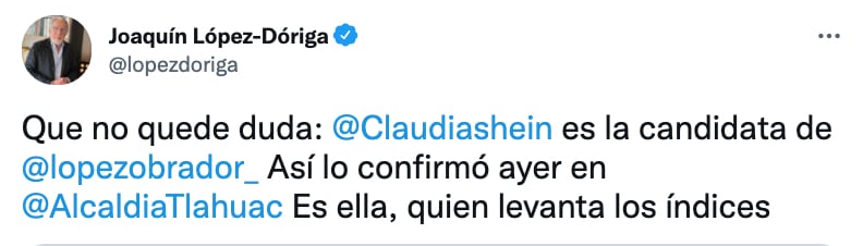 López Dóriga aseguró que hay señales claras que sugieren que Claudia Sheinbaum será la candidata de Morena en 2024 _(Foto: Twitter@lopezdoriga)