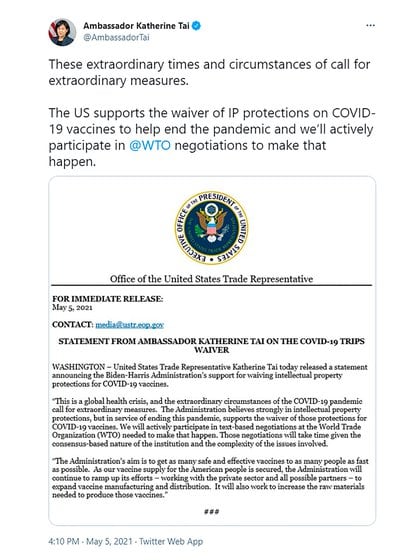 El tuit de la embajadora Katherine Tai en el que anunció que Estados Unidos respaldará la liberación de las patentes de las vacunas en la OMC