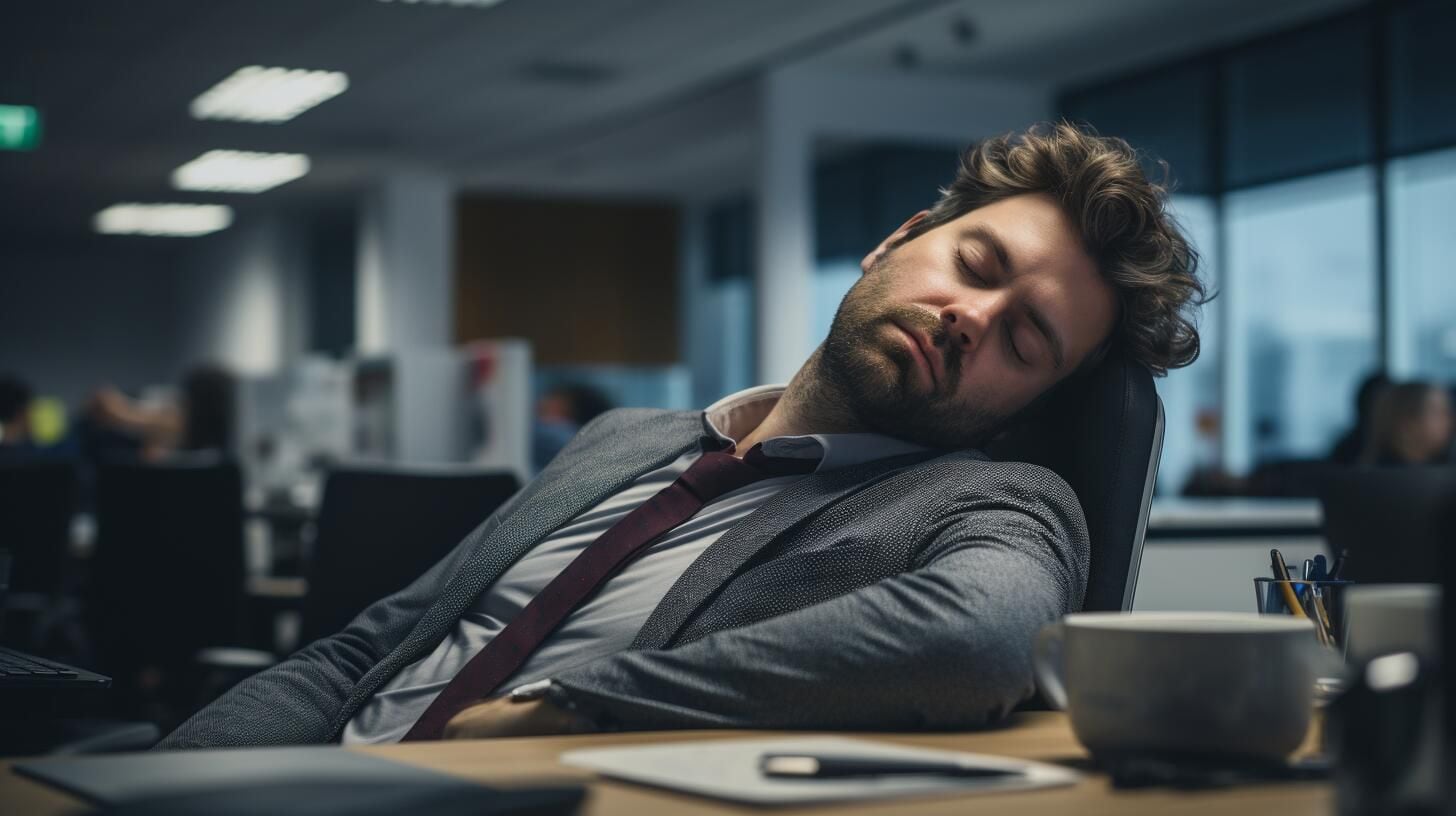 Imagen simbólica de agotamiento laboral: empleado durmiendo en su escritorio, reflejando la presión y el estrés laboral. Un recordatorio de la importancia de cuidar la salud mental. (Imagen Ilustrativa Infobae)