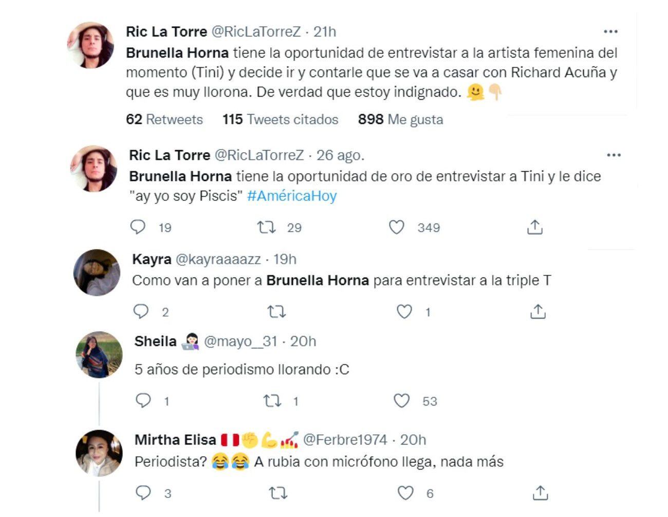 Usuarios criticaron a Brunella Horna. (Twitter)