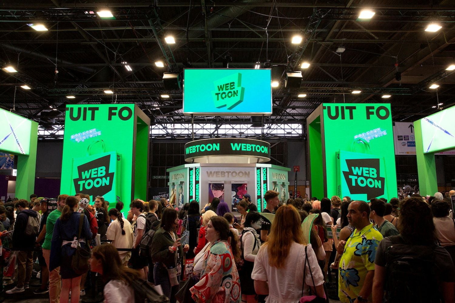 Webtoon Entertainment's booth is pictured during a comic festival in Paris, France, July 13, 2023.  WEBTOON Entertainment/Handout via REUTERS   ATTENTION EDITORS - THIS IMAGE HAS BEEN SUPPLIED BY A THIRD PARTY. NO RESALES. NO ARCHIVES.