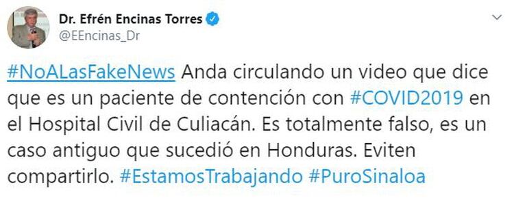 El secretario de Salud de Sinaloa pidió no caer en psicósis y fake news (Foto: Twitter/EEncinas_Dr)