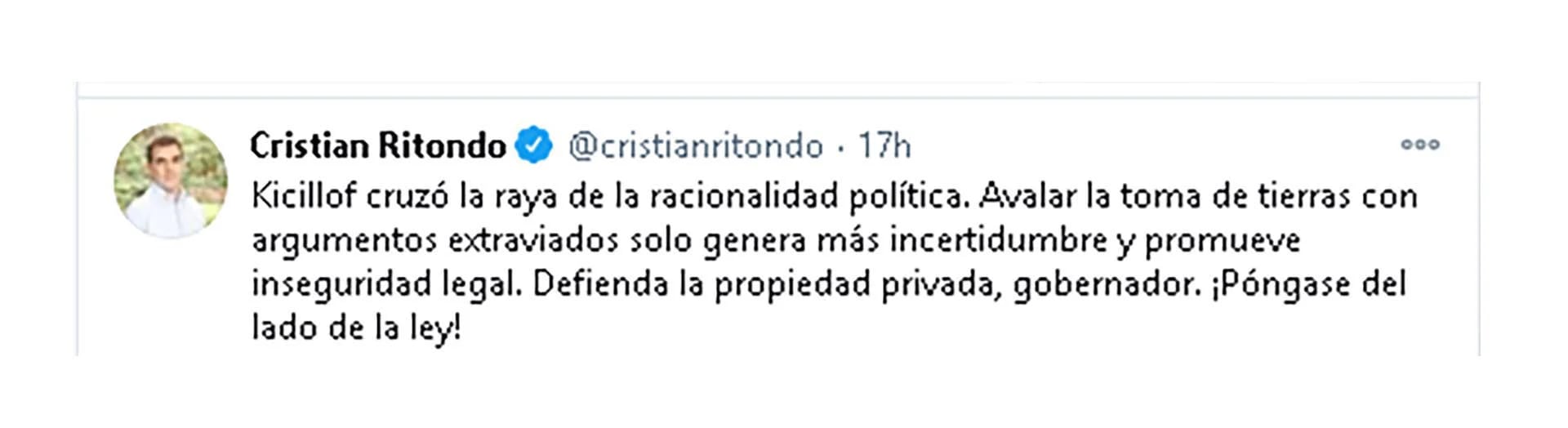 Desde su cuenta de Twitter el Diputado Nacional por la Provincia de Buenos Aires y Presidente del bloque PRO instó al Gobernador Bonaerense a ponerse del lado de ley.