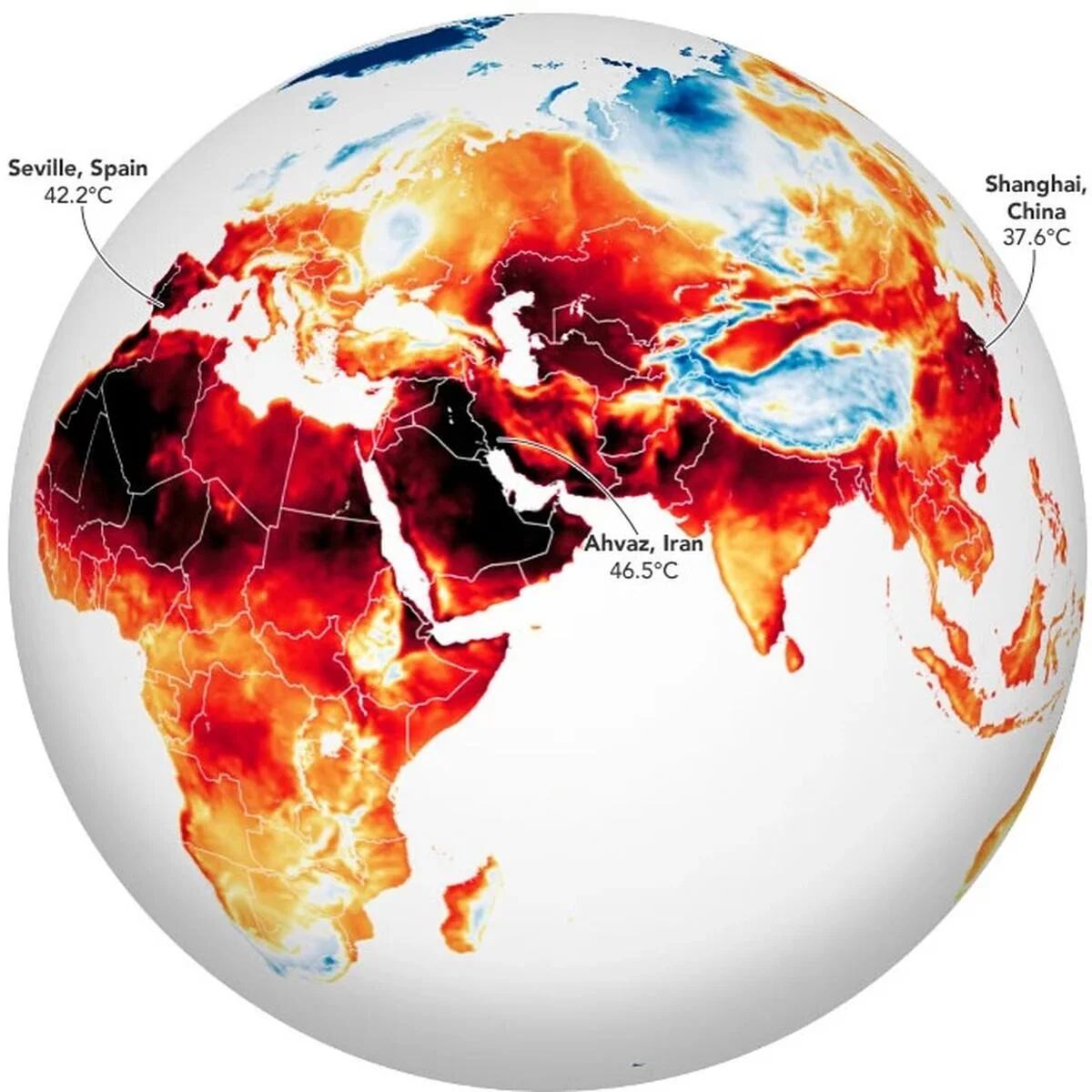 Imagen de la NASA dada a conocer esta semana con los registros de las temperaturas promedio más altas jamás detectadas en la Tierra que se produjeron el martes 4 de julio de 2023. (NASA)
