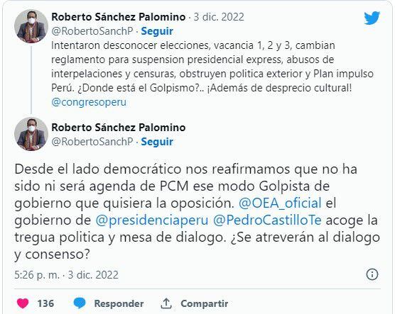 Roberto Sánchez se pronuncia en Twitter.