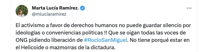 La exvicepresidenta pidió a las ONG del mundo pronunciarse a favor de Rocío San Miguel - crédito @mluciaramirez/X
