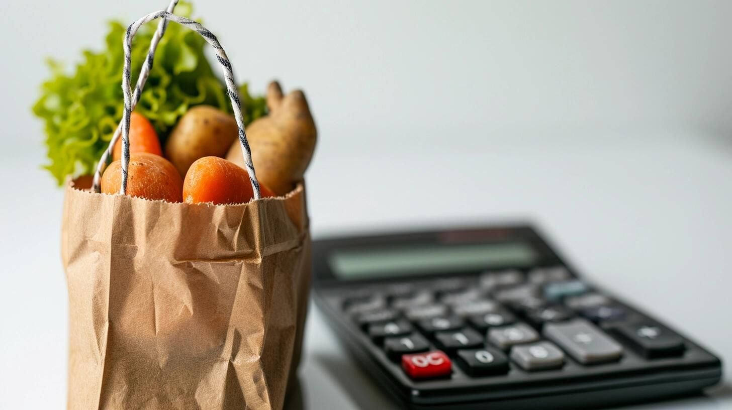 Bolsa de compra con alimentos frescos encima de una calculadora, reflejando el impacto de la inflación en la compra diaria y la importancia de la nutrición a pesar de la suba o baja de precios. (Imagen ilustrativa Infobae)