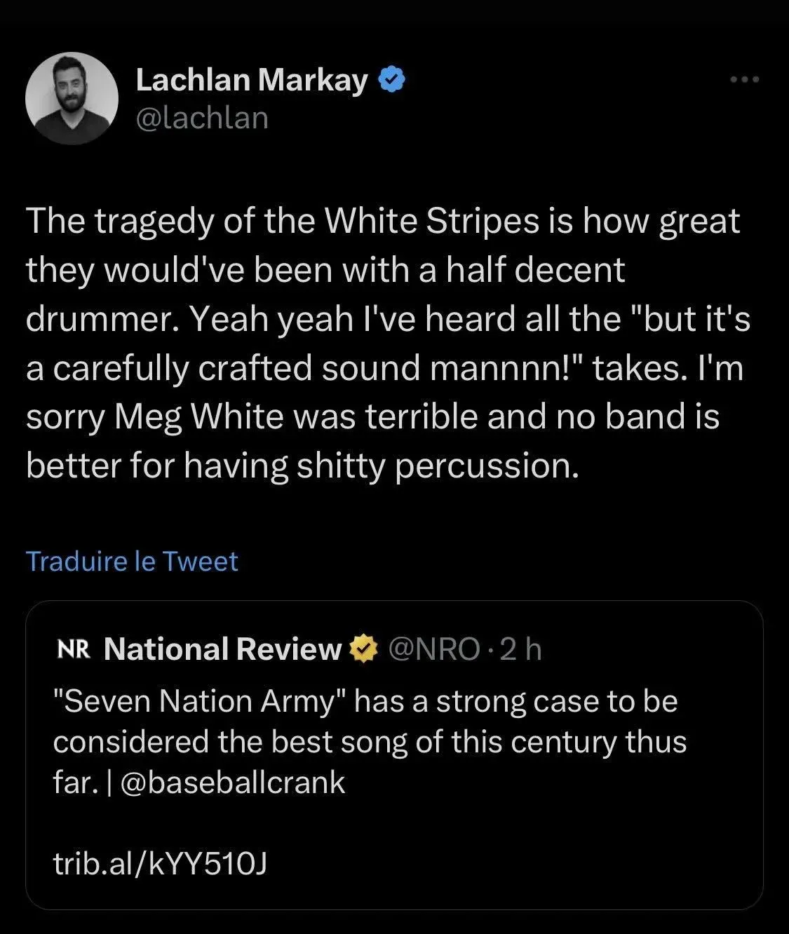 Lachlan Markay despotricó contra la baterista de The White Stripes