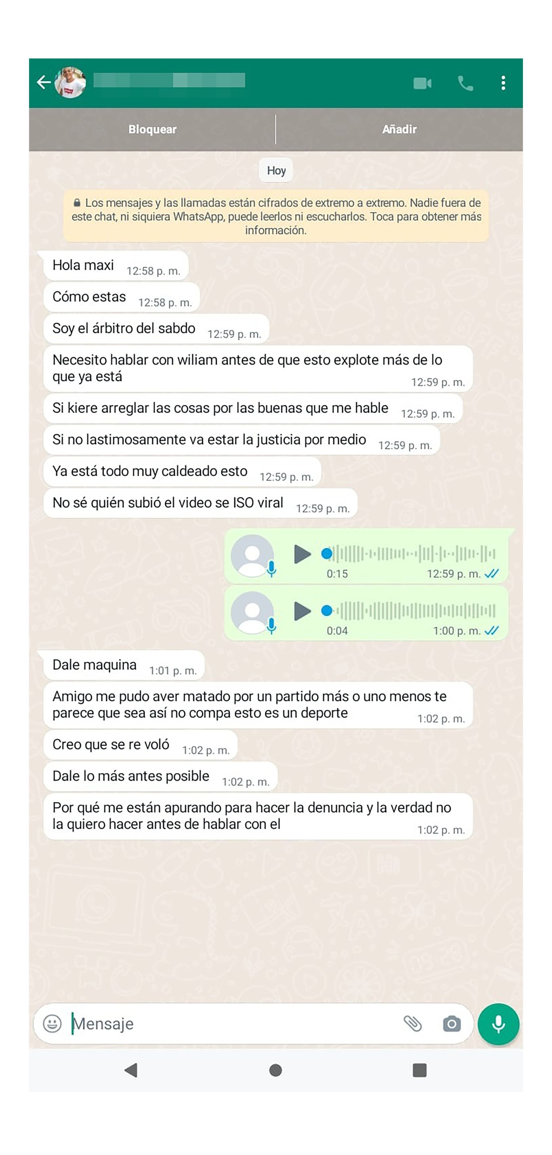 Los chats del árbitro que fue agredido con el delegado de La Cortada FC