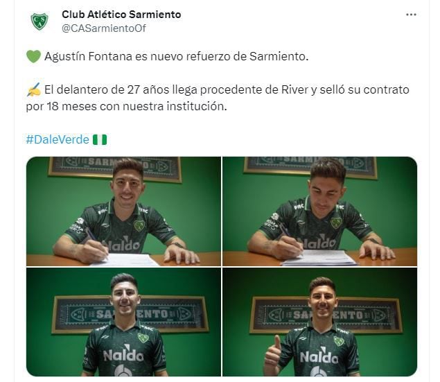 Sarmiento anunció a Agustín Fontana, ex River Plate, como refuerzo