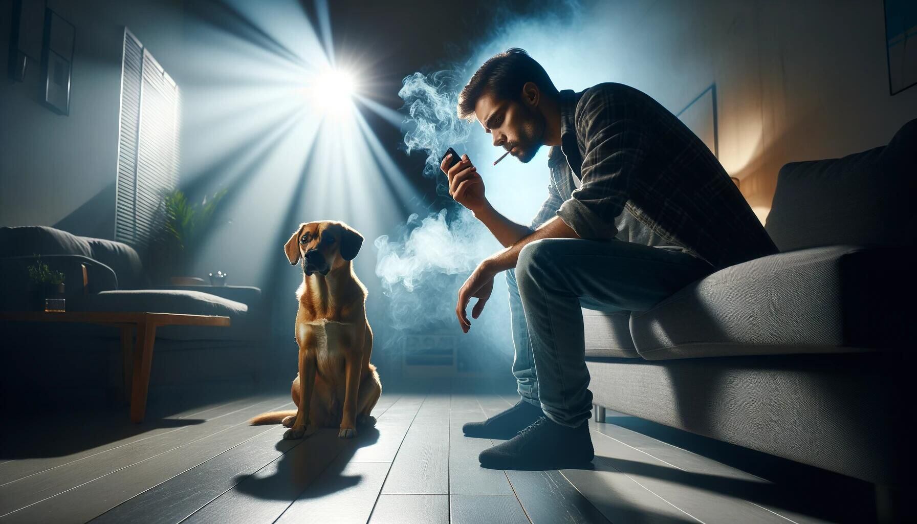 Imagen que representa el impacto del tabaco, donde una mascota muestra tristeza al recibir el humo de segunda mano de su dueño fumador. Ilustración de los riesgos del tabaquismo pasivo. (Imagen ilustrativa Infobae)