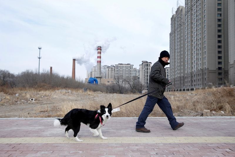 Un hombre pasea a su perro frente a un bloque de apartamentos recién construido y una central de carbón en Harbin, en la provincia de Heilongjiang, China, el 26 de noviembre de 2019. (REUTERS/Jason Lee)