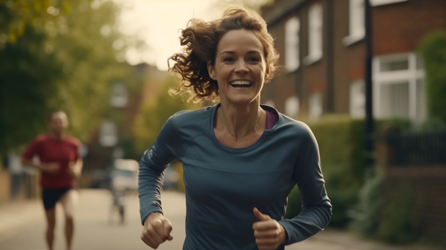 Mujer adulta caucásica, corriendo, trotando, haciendo deporte y ejercicio, vecindario, exterior, ejercitación, salud - Imagen Ilustrativa Infobae