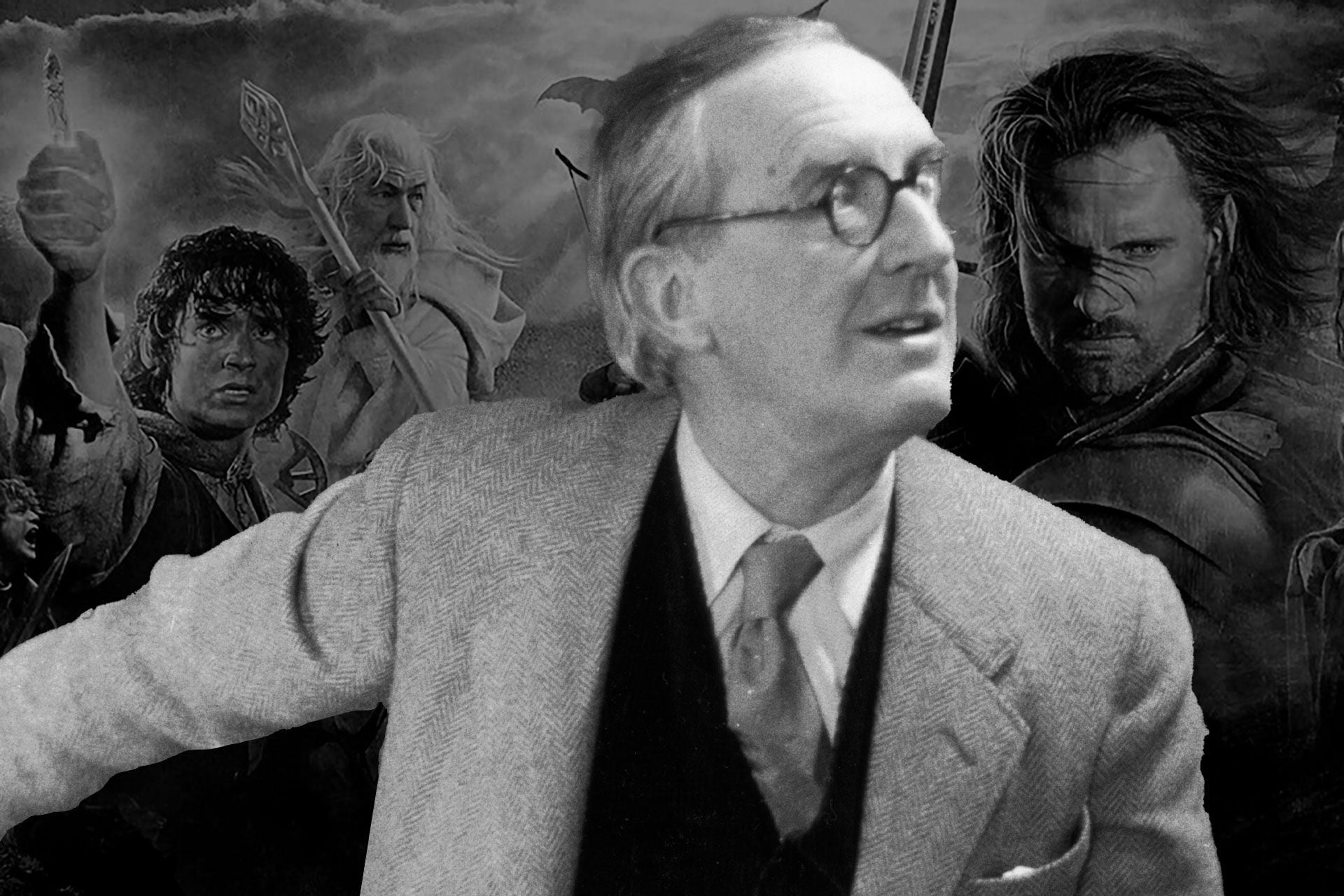 El escritor J.R.R. Tolkien y, detrás, una escena de la película "El señor de los anillos".