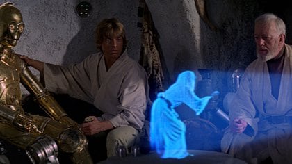 Mark Hammill, Sir Alec Guinnes, C-3PO y uno de los primeros hologramas de la pantalla grande  162