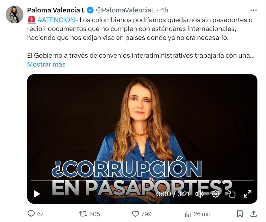 Paloma Valencia aseguró que el país está en riesgo de quedarse sin pasaportes - crédito red social X