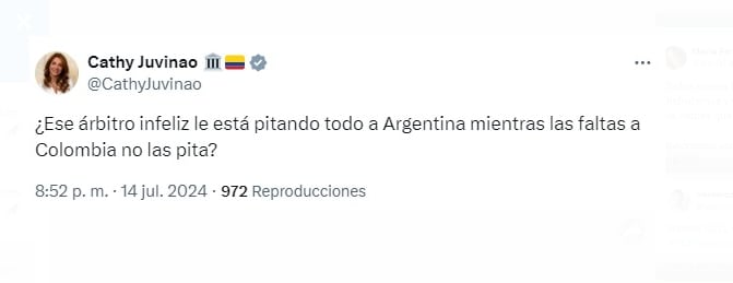 Catherine Juviano mostró si inconformismo al arbitraje de la final de la Copa América 2024 - crédito @CathyJuvinao/X