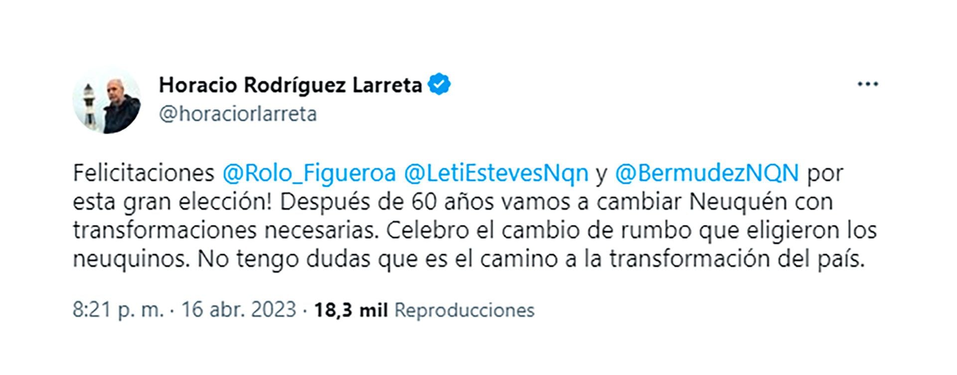 Tuit NQN Rodriguez Larreta