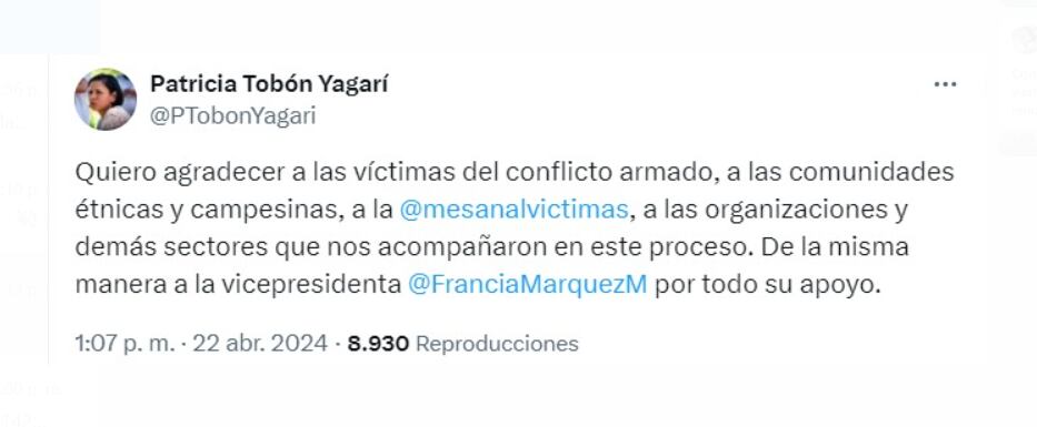 Patricia Tobón se despidió de las víctimas y agradeció a las comunidades - crédito @PTobonYagari/X