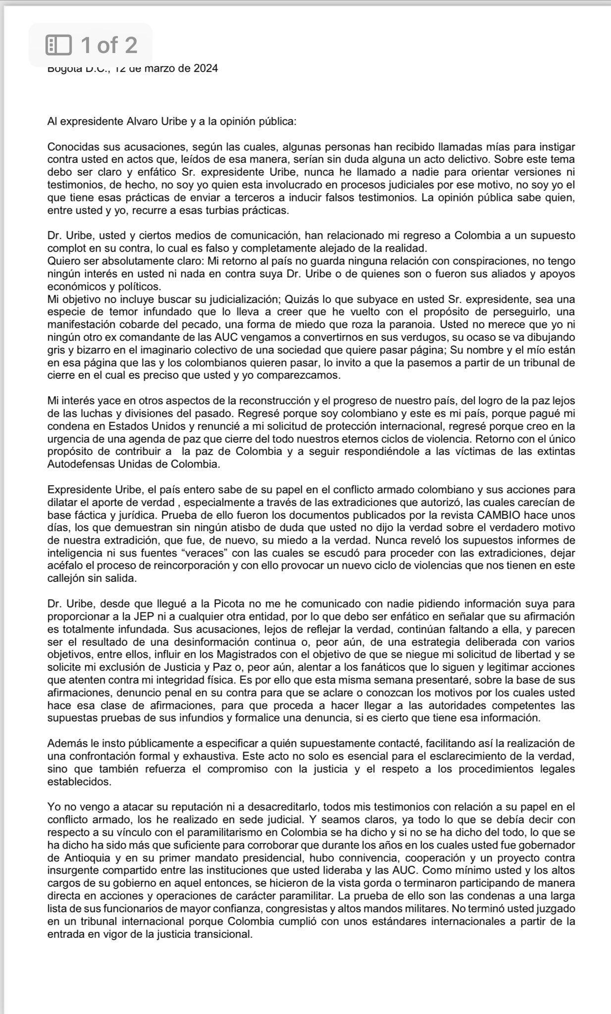 El exjefe paramilitar Salvatore Mancuso le envió una carta a Álvaro Uribe señalándolo de buscar un linchamiento en su contra