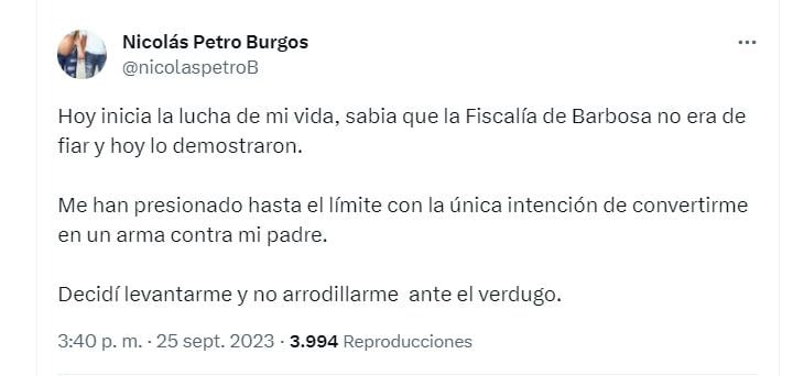 Nicolás Petro confirmó que no colaborará con la Fiscalía