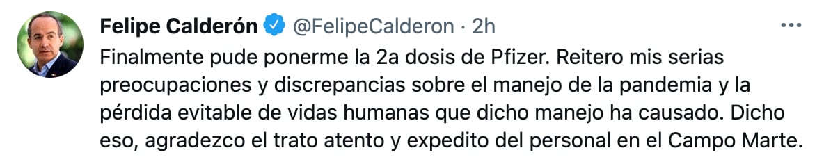 El exmandatario aprovechó para manifestar sus preocupaciones y discrepancias sobre el manejo de la pandemia de COVID-19 (Foto: Twitter@FelipeCalderon)