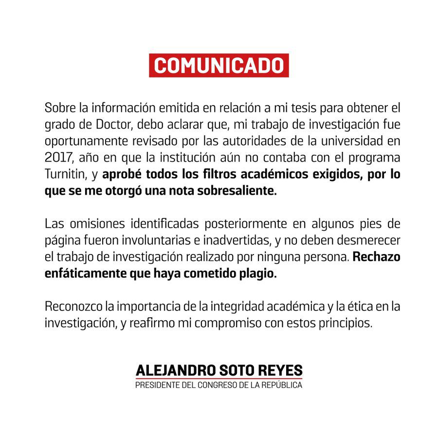 El presidente del Congreso presentó un comunicado tras el informe periodístico de Infobae Perú que revela que habría plagiado una parte de su tesis.